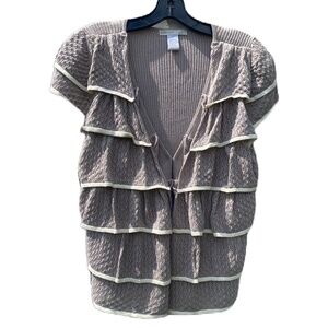 Design History sweater ruffle front cardigan taupe cream Medium